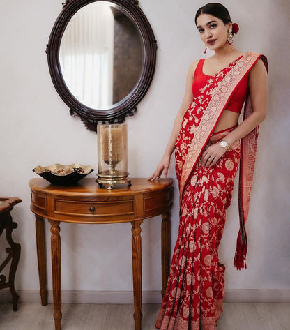 Red Banarasi Soft Silk Saree with Traditional Zari Work for Women