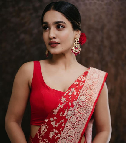 Red Banarasi Soft Silk Saree with Traditional Zari Work for Women