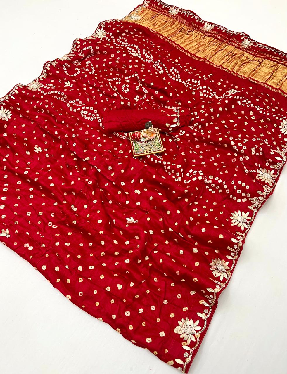 Red Bandhani Gajji Silk Saree with Gota Patti Handworks for Women