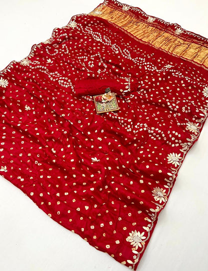 Red Bandhani Gajji Silk Saree with Gota Patti Handworks for Women