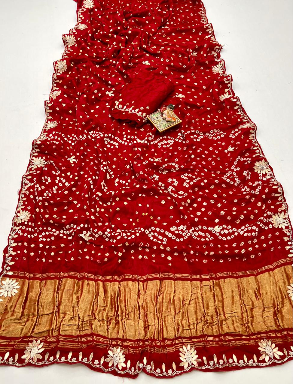 Red Bandhani Gajji Silk Saree with Gota Patti Handworks for Women