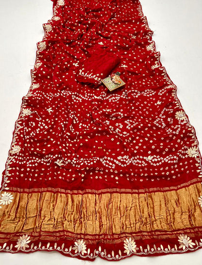 Red Bandhani Gajji Silk Saree with Gota Patti Handworks for Women