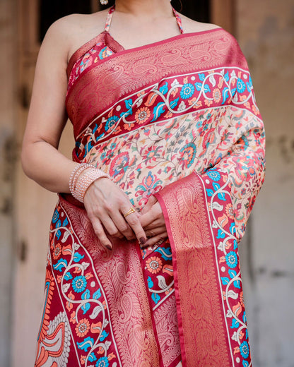 Red Beige Banarasi Silk Saree with Floral Pattern for Women