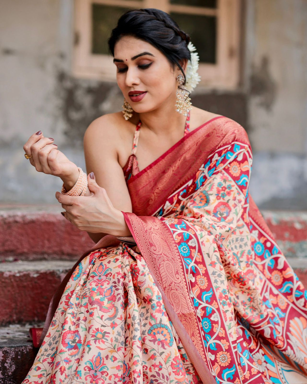 Red Beige Banarasi Silk Saree with Floral Pattern for Women