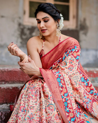 Red Beige Banarasi Silk Saree with Floral Pattern for Women