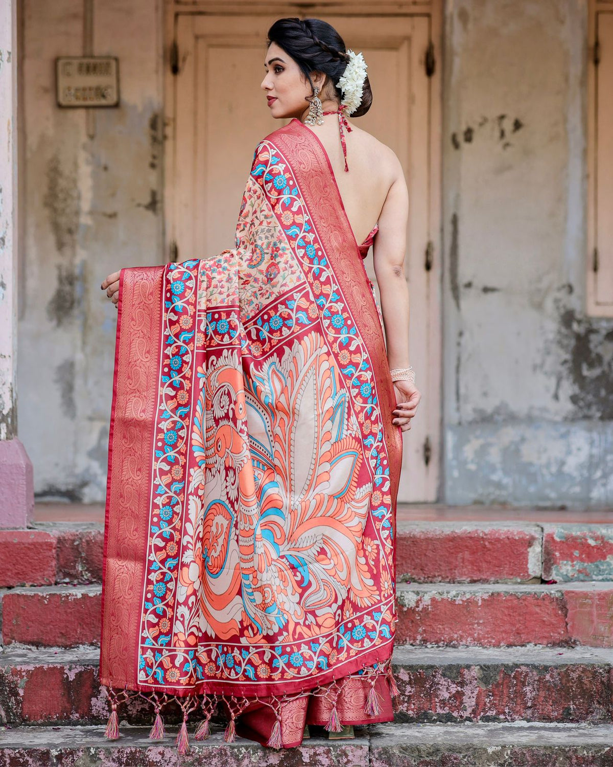Red Beige Banarasi Silk Saree with Floral Pattern for Women