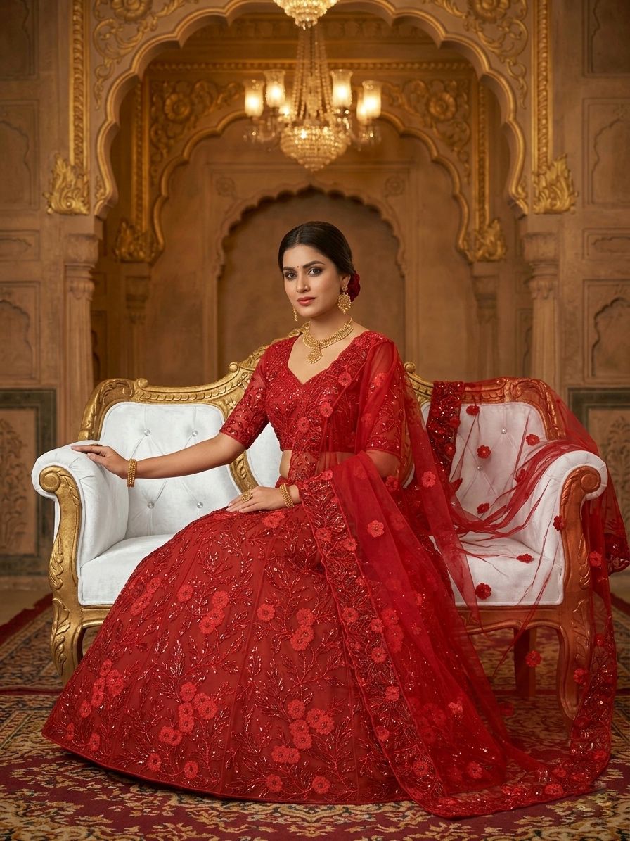 Red Butterfly Net Sequins Lehenga Set Wedding Wear