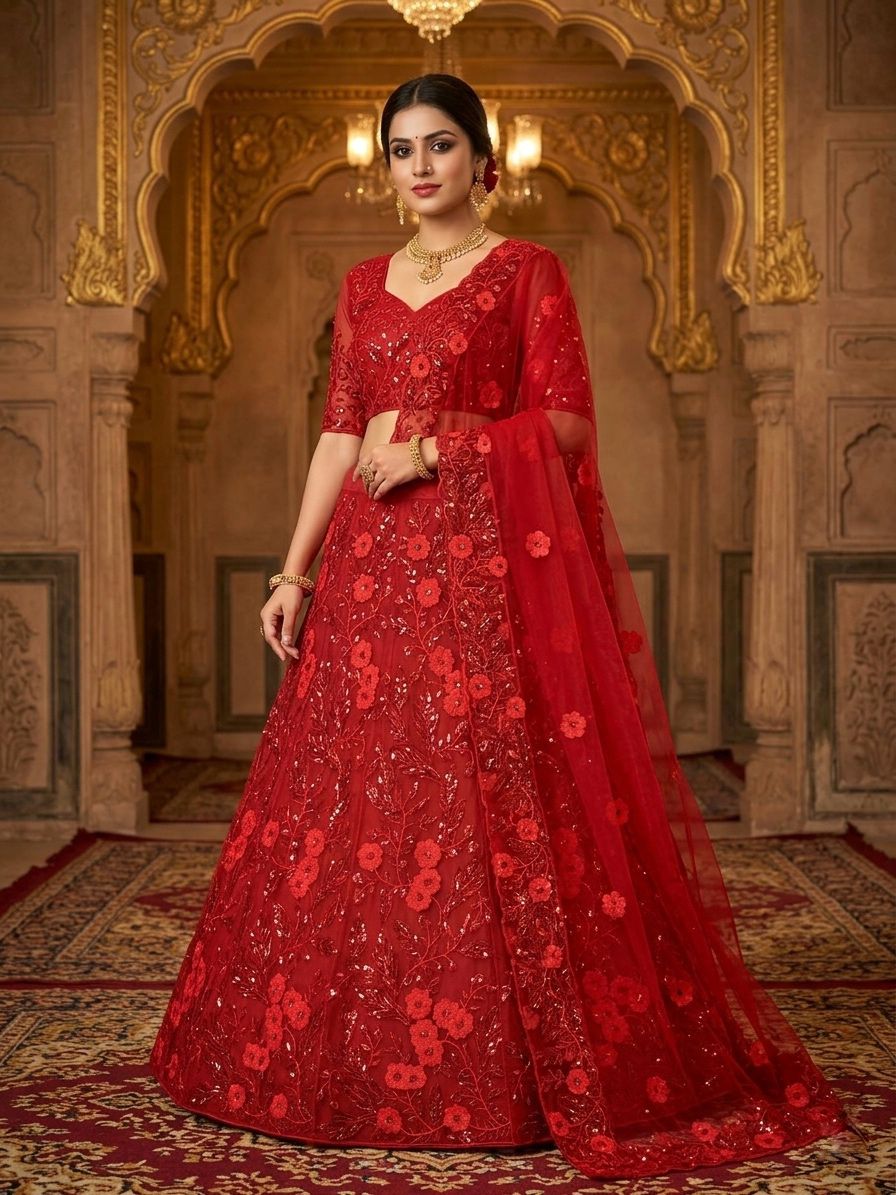 Red Butterfly Net Sequins Lehenga Set Wedding Wear