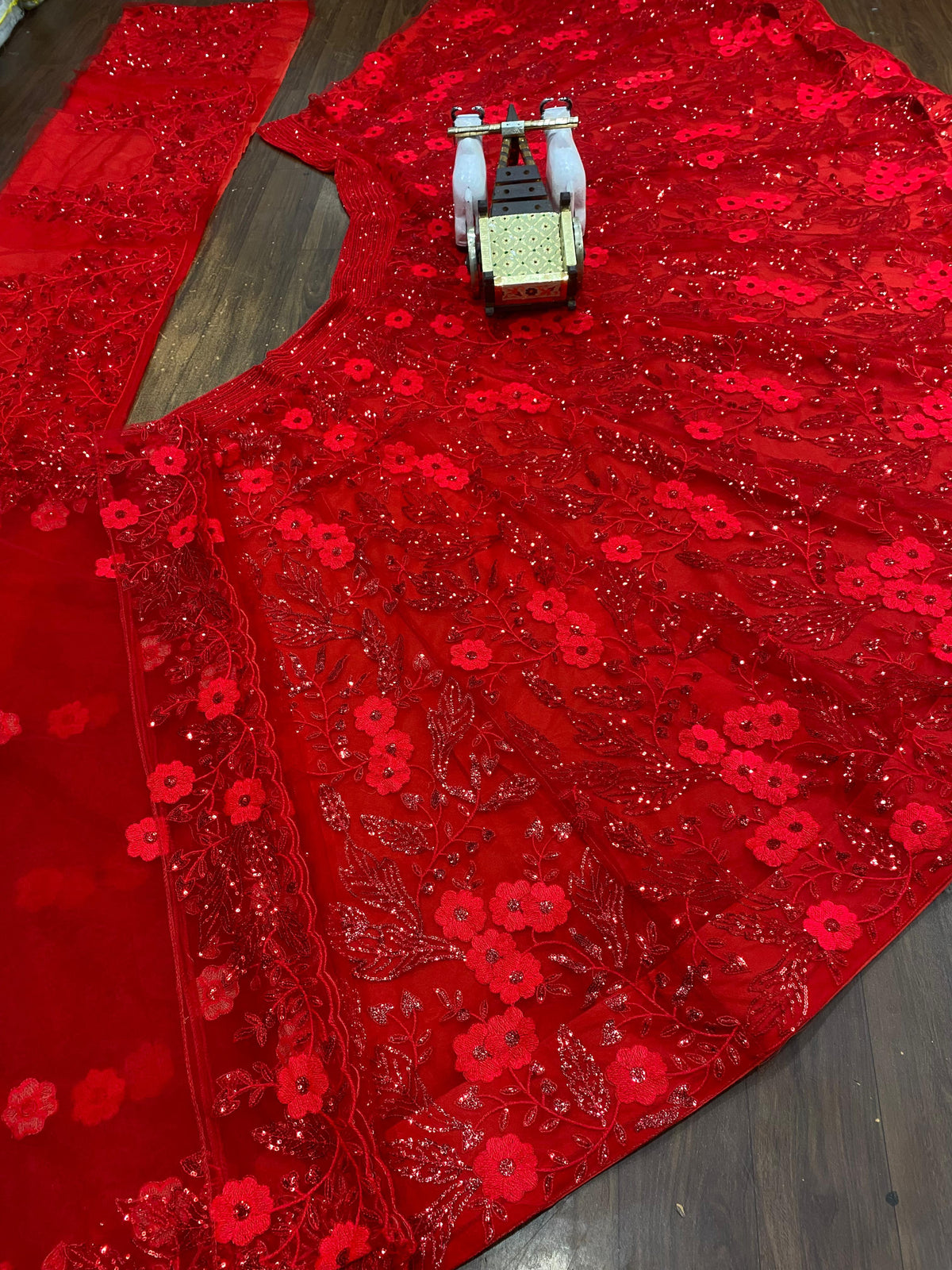 Red Butterfly Net Sequins Lehenga Set Wedding Wear for Women