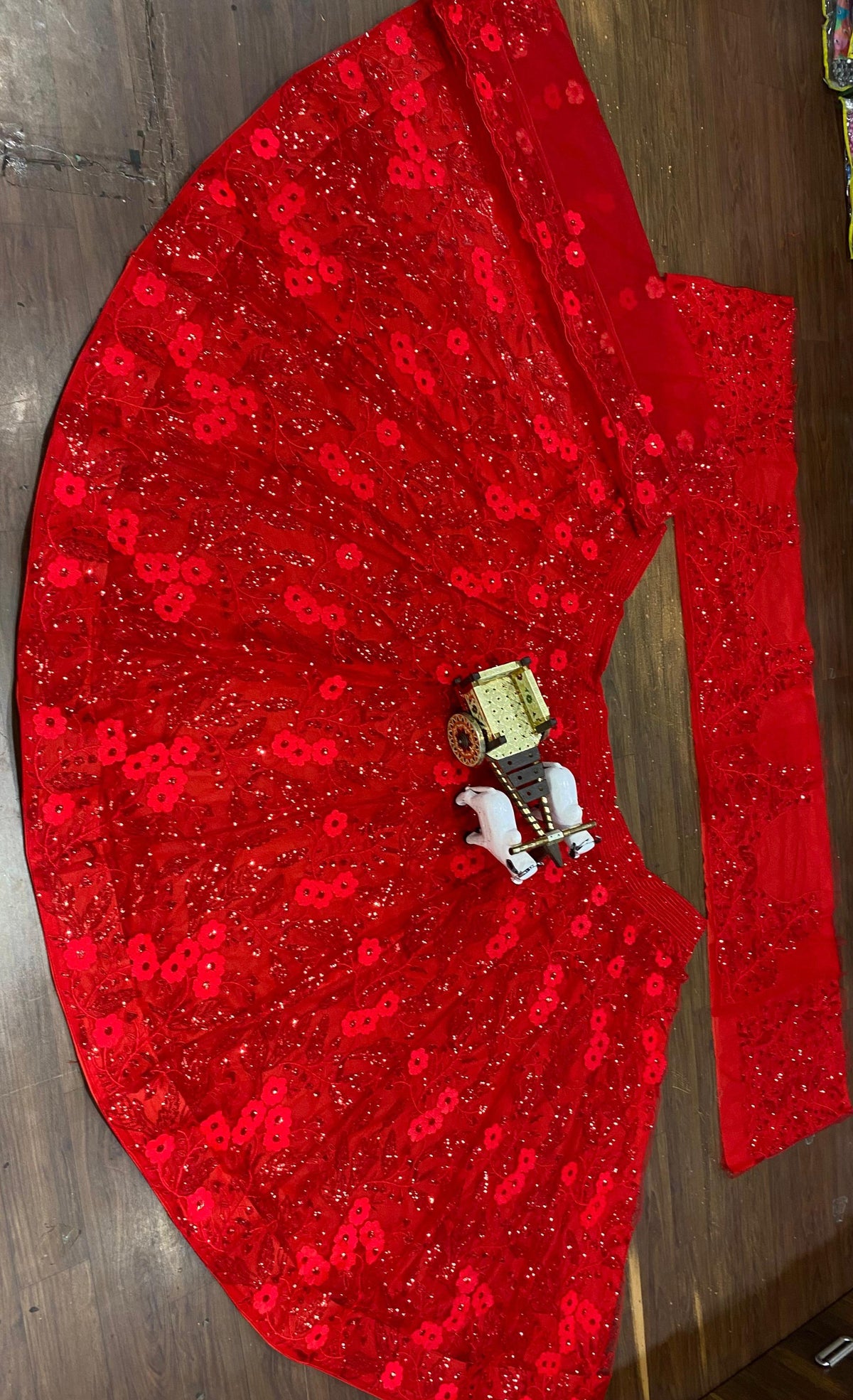 Red Butterfly Net Sequins Lehenga Set Wedding Wear for Women
