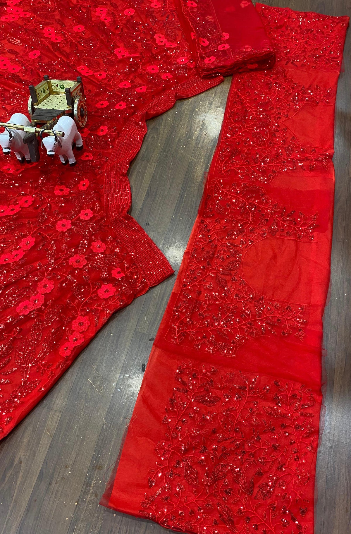 Red Butterfly Net Sequins Lehenga Set Wedding Wear for Women