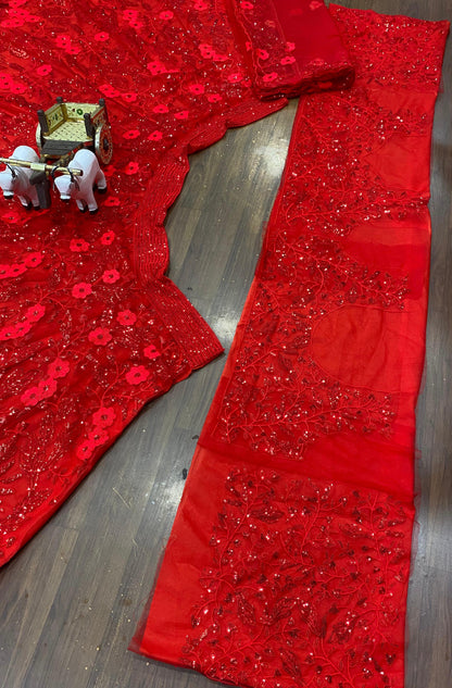 Red Butterfly Net Sequins Lehenga Set Wedding Wear for Women
