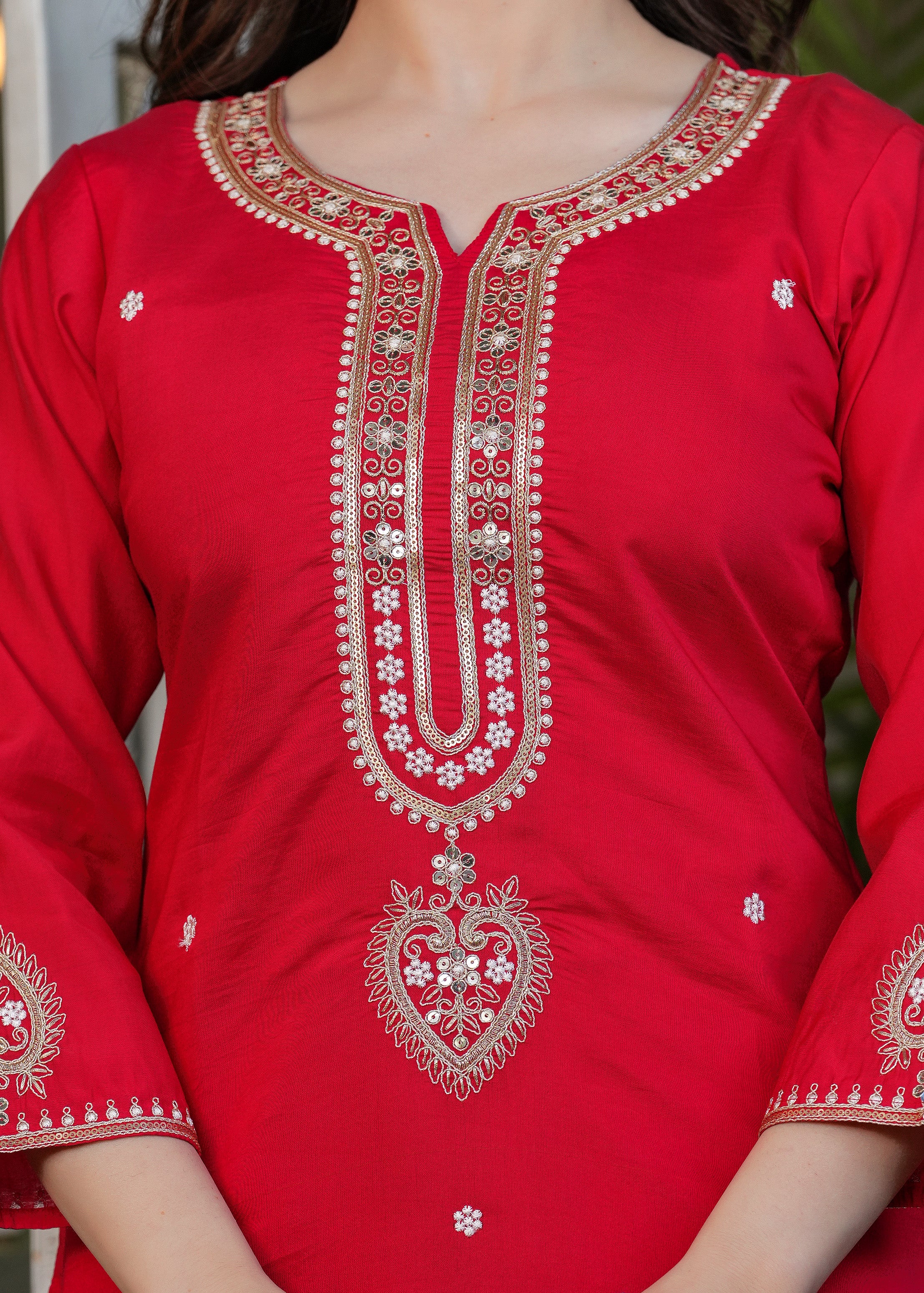 Festive Red Chanderi Kurta Pant Dupatta Set Women