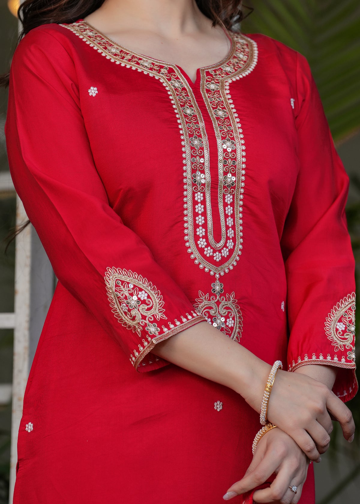 Festive Red Chanderi Kurta Pant Dupatta Set Women for Women