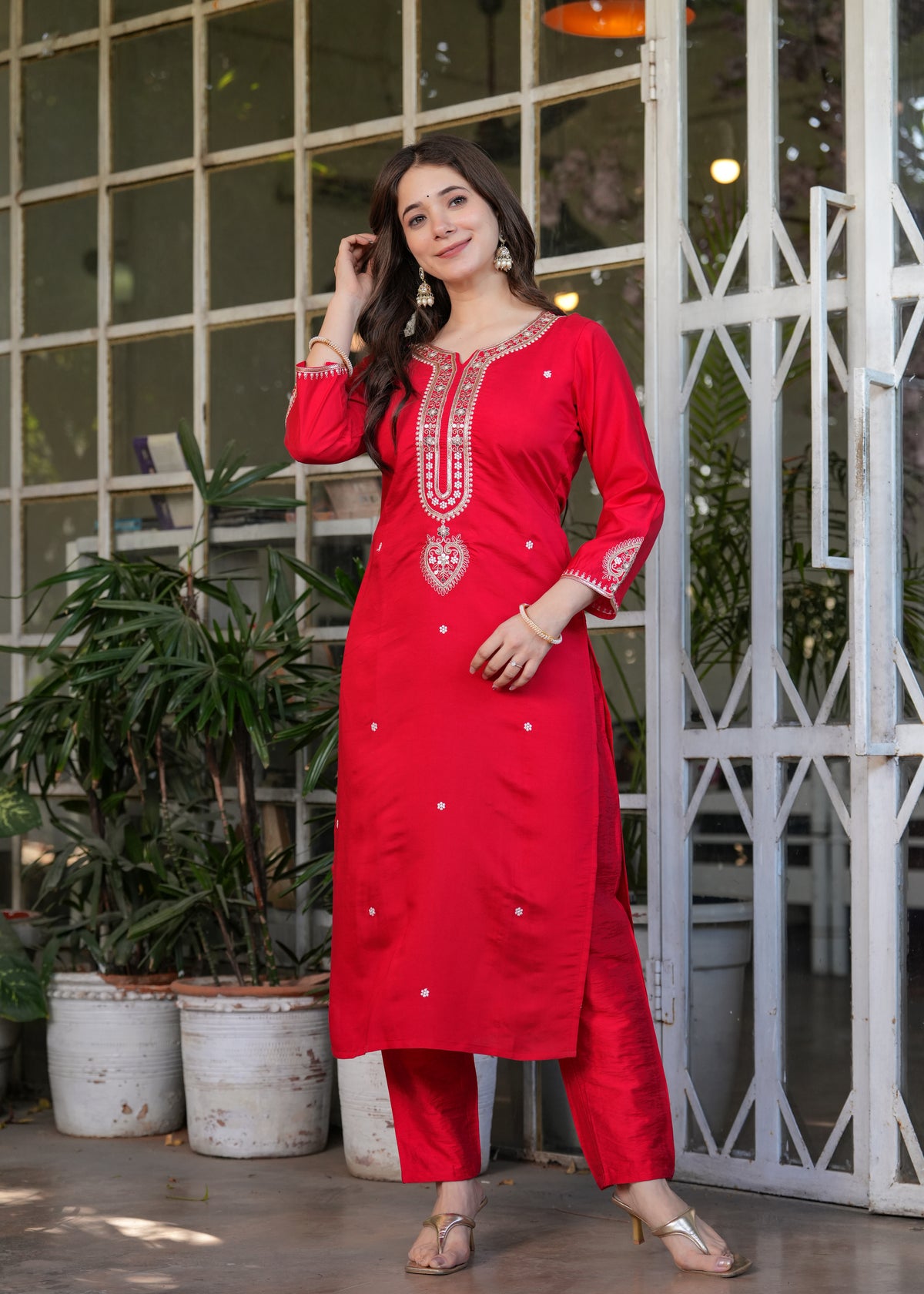 Festive Red Chanderi Kurta Pant Dupatta Set Women for Women