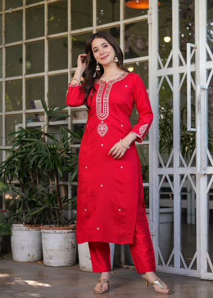 Festive Red Chanderi Kurta Pant Dupatta Set Women for Women