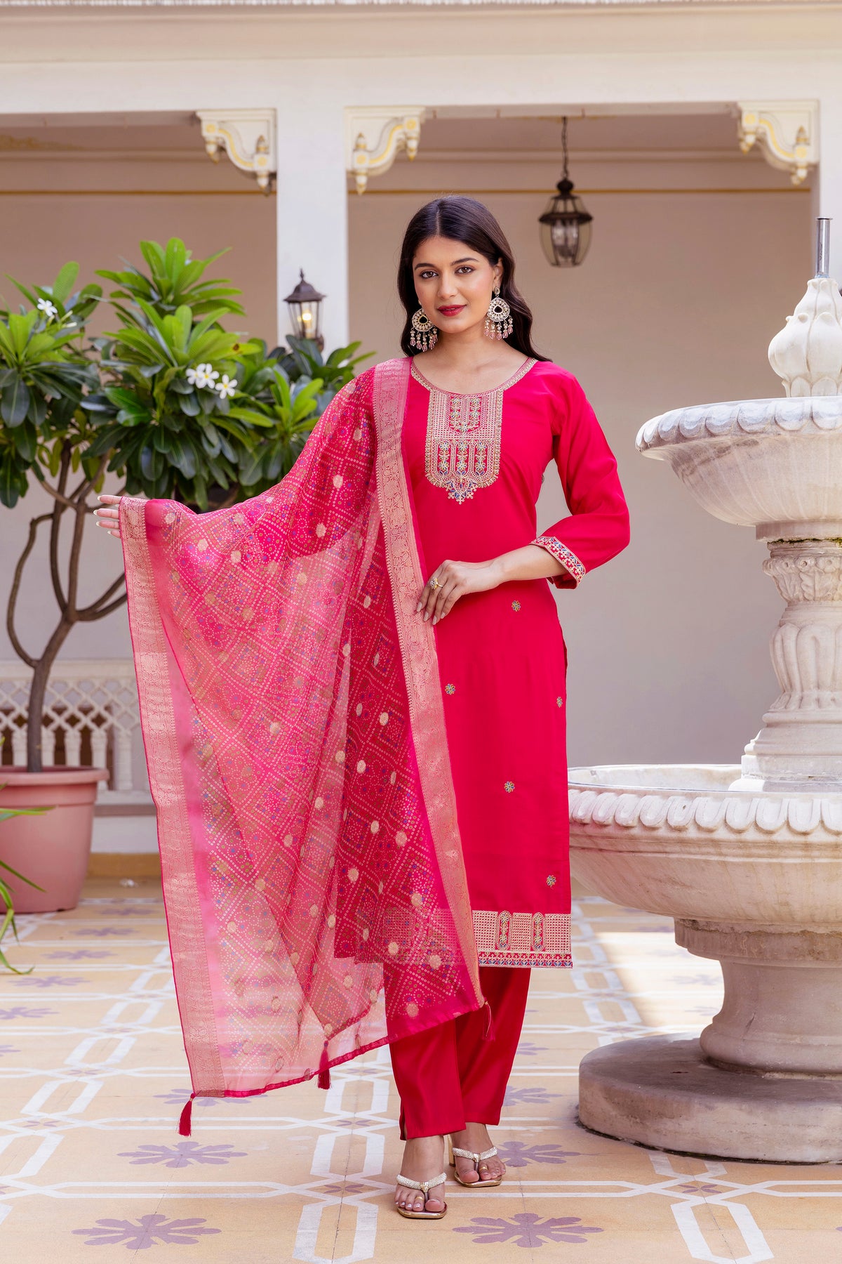 Rich Red Chanderi Kurti Set with Embroidered Dupatta for Women