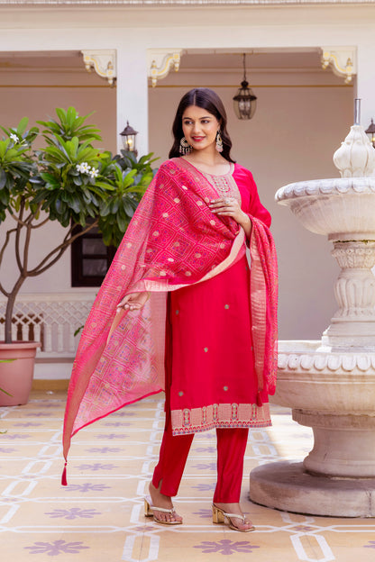 Rich Red Chanderi Kurti Set with Embroidered Dupatta for Women