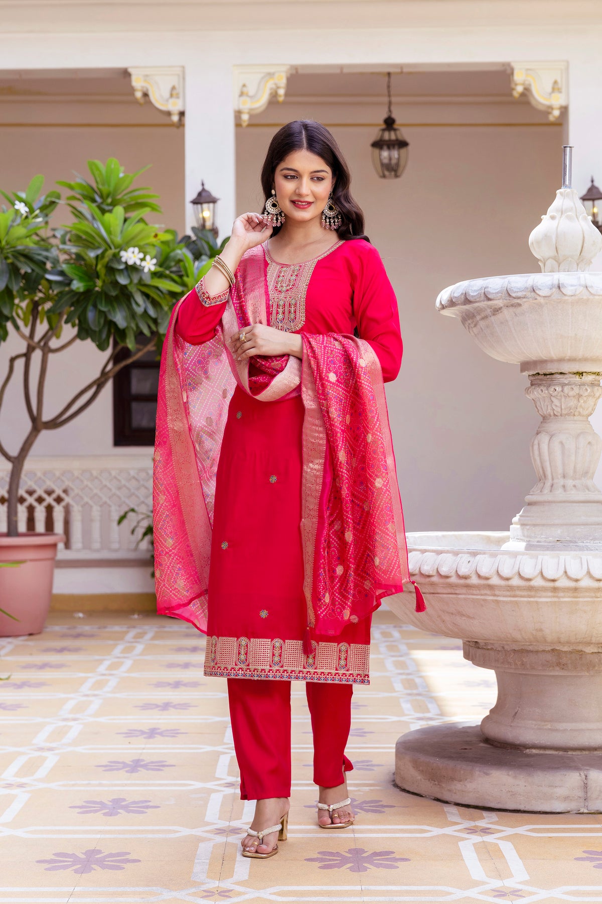 Rich Red Chanderi Kurti Set with Embroidered Dupatta for Women