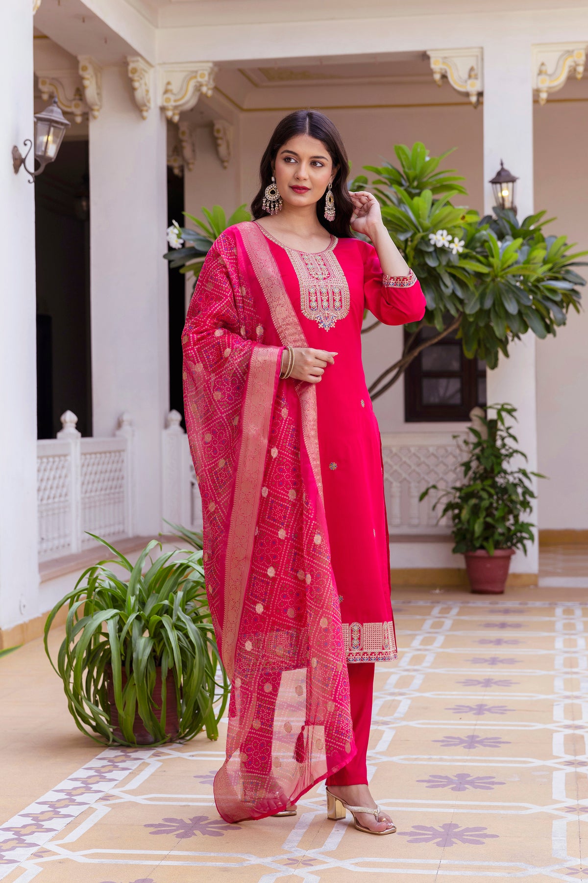 Rich Red Chanderi Kurti Set with Embroidered Dupatta for Women