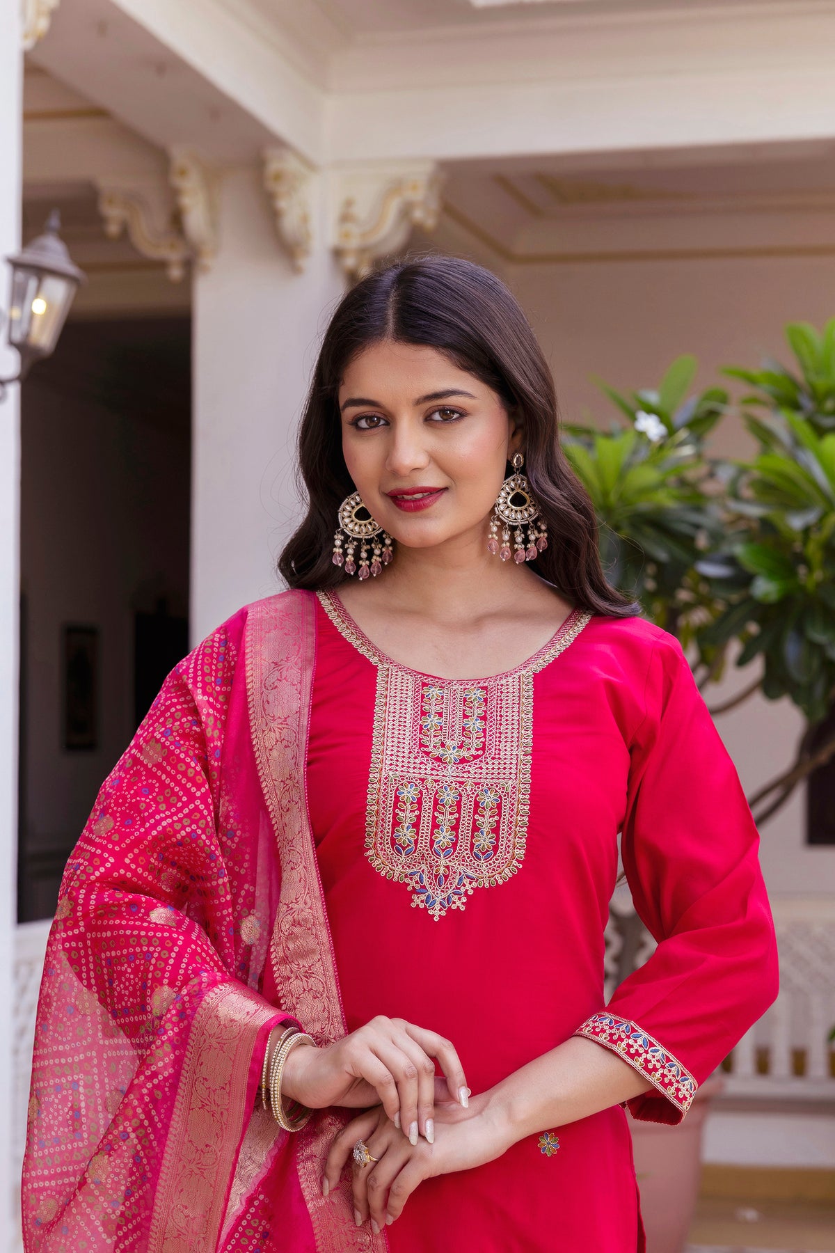 Rich Red Chanderi Kurti Set with Embroidered Dupatta for Women