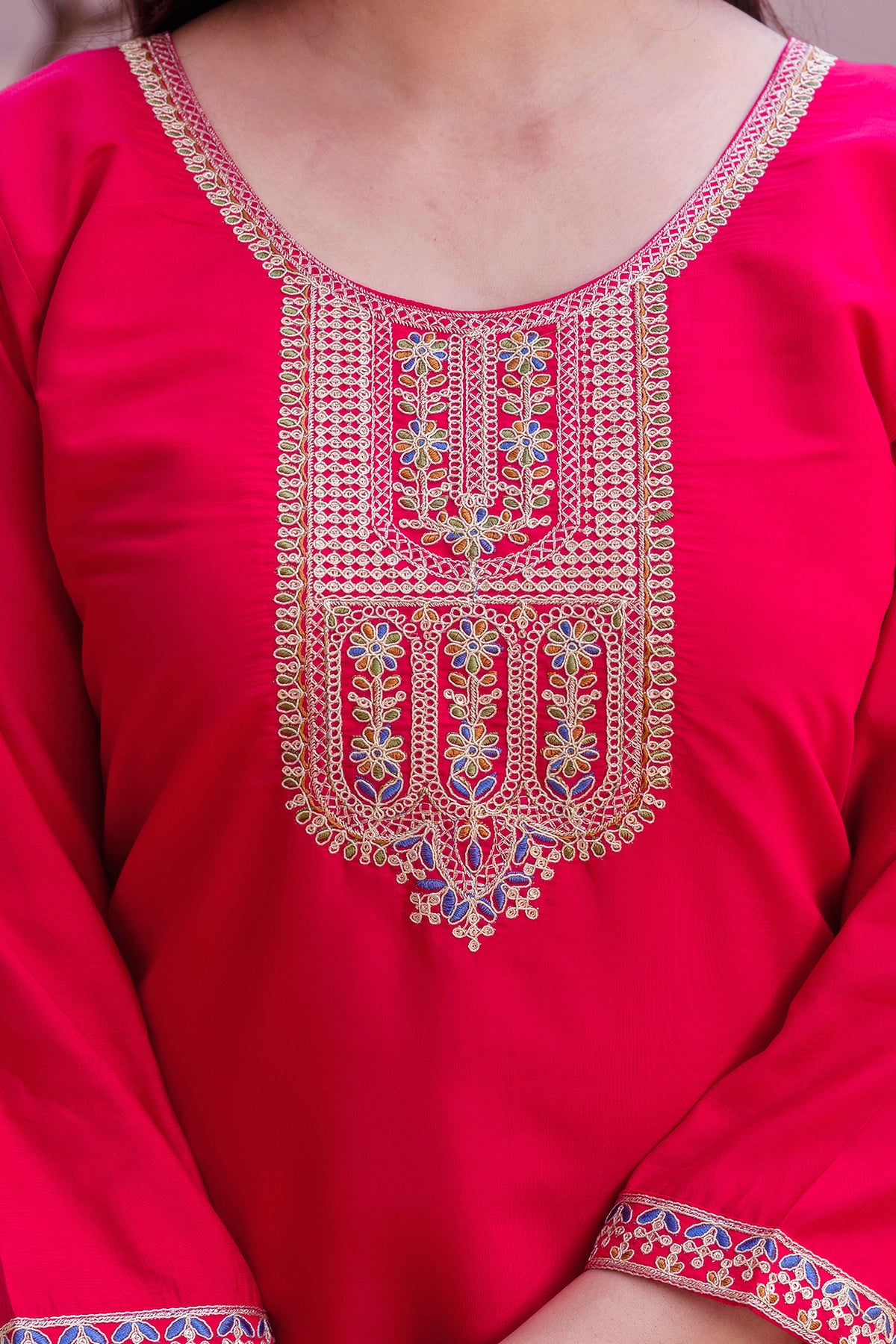 Rich Red Chanderi Kurti Set with Embroidered Dupatta for Women