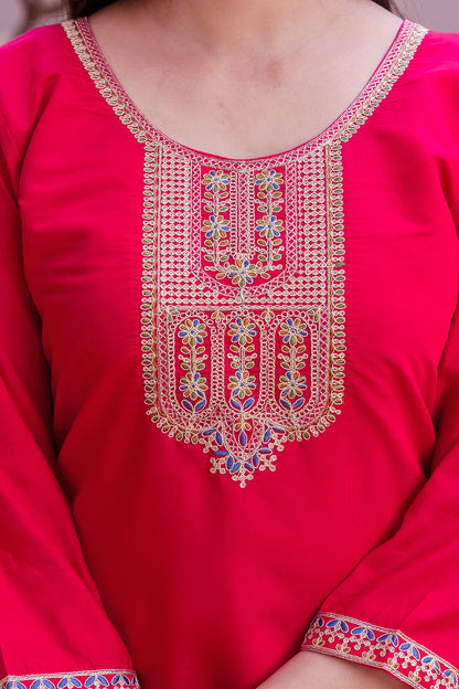Rich Red Chanderi Kurti Set with Embroidered Dupatta for Women