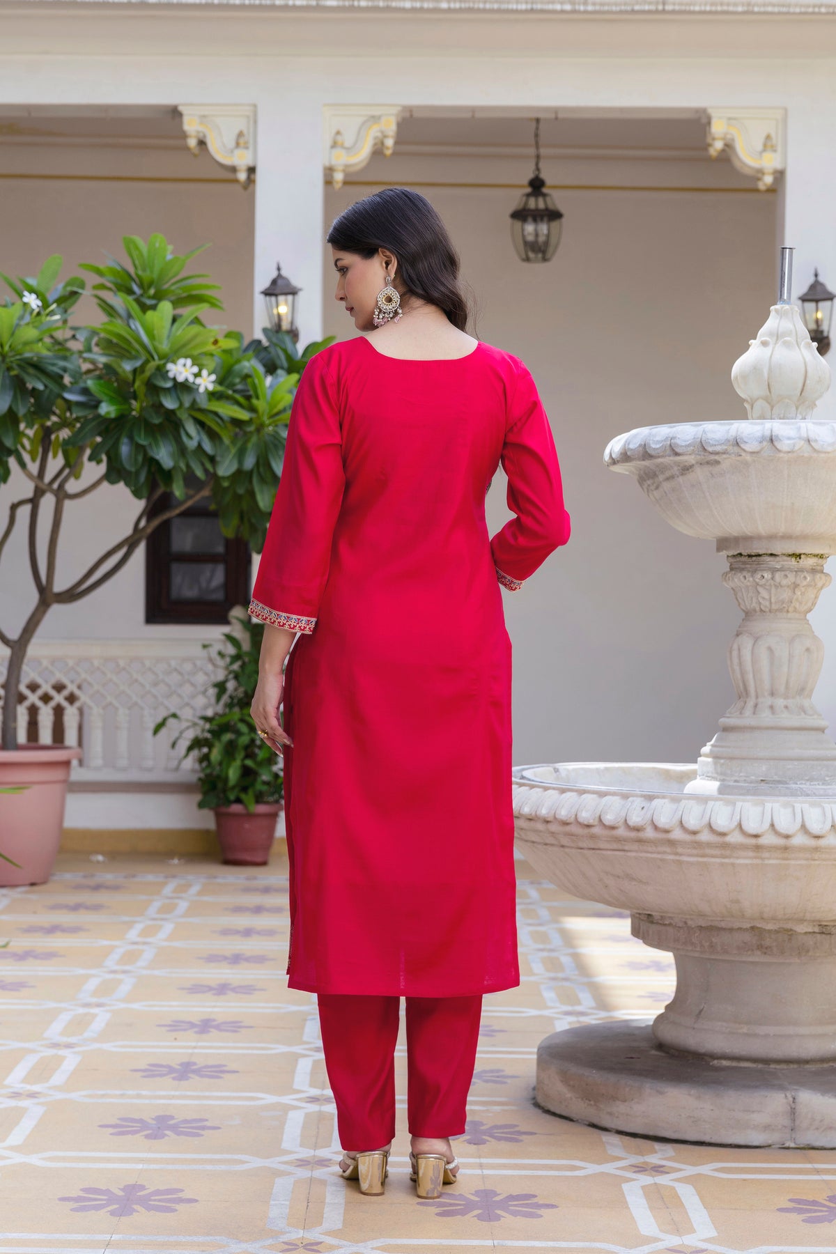 Rich Red Chanderi Kurti Set with Embroidered Dupatta for Women