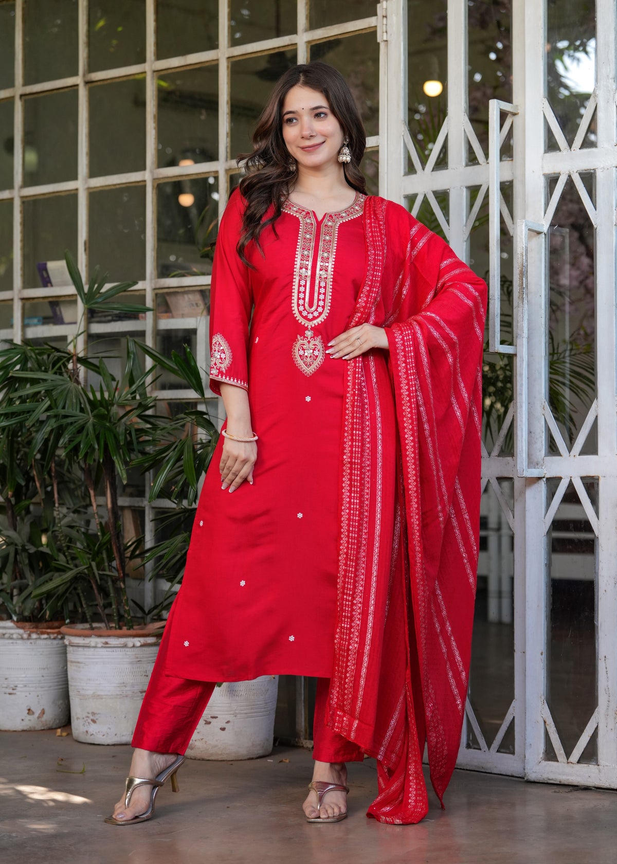 Red Chanderi Threadwork Suit Set for Women