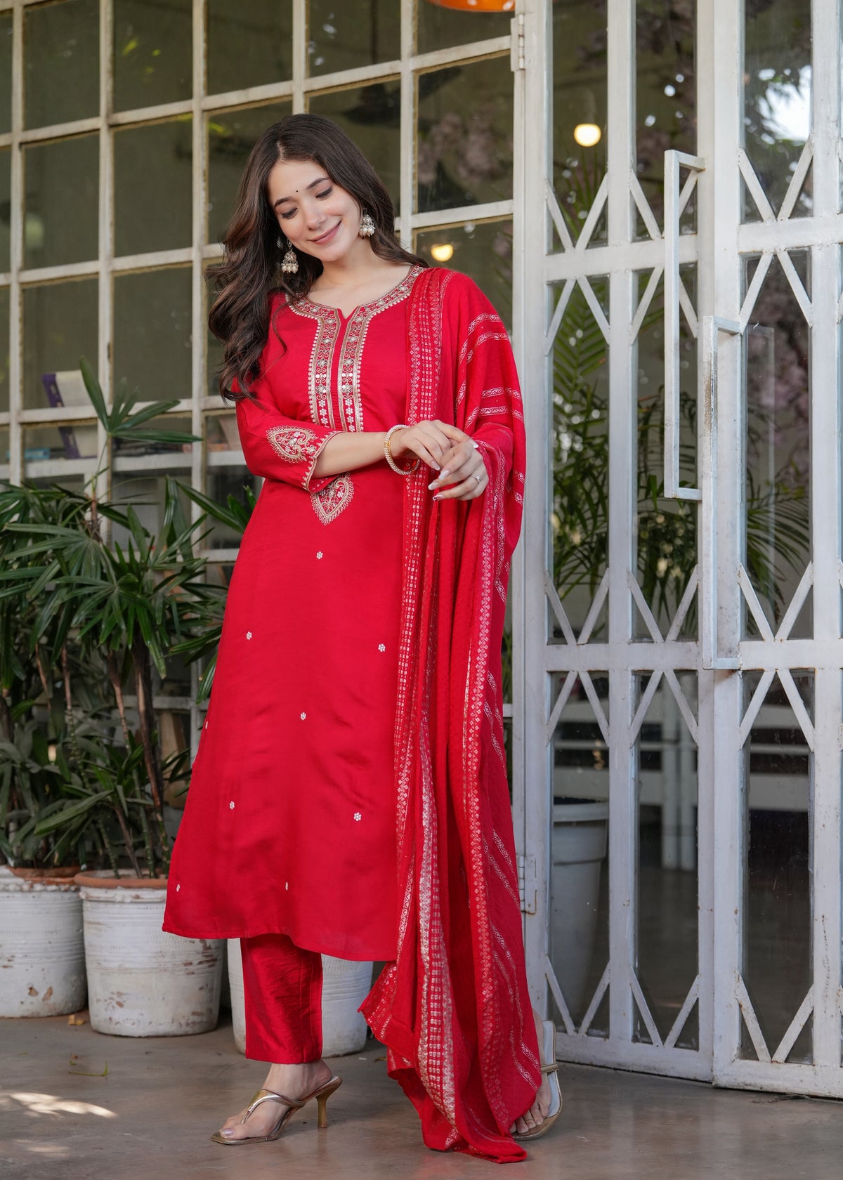 Red Chanderi Threadwork Suit Set for Women