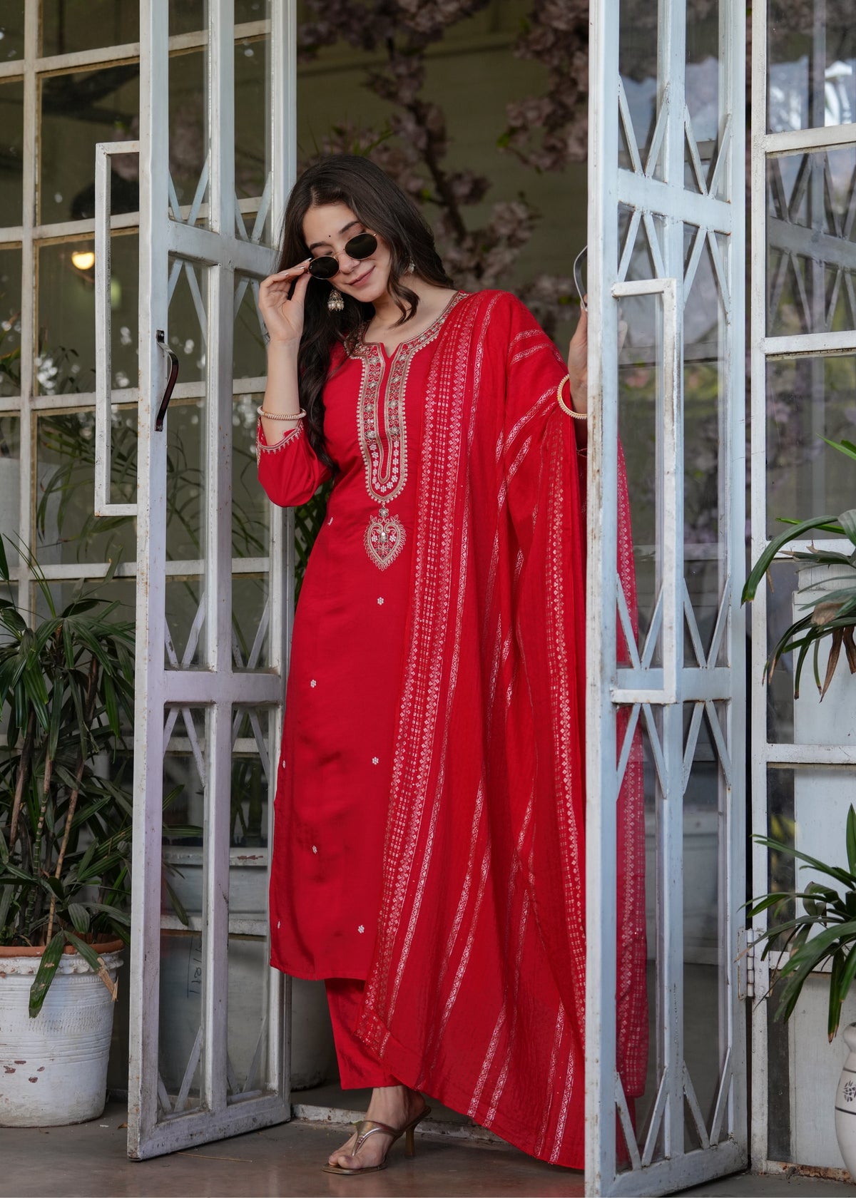 Red Chanderi Threadwork Suit Set for Women