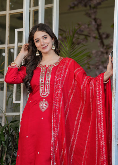 Red Chanderi Threadwork Suit Set for Women