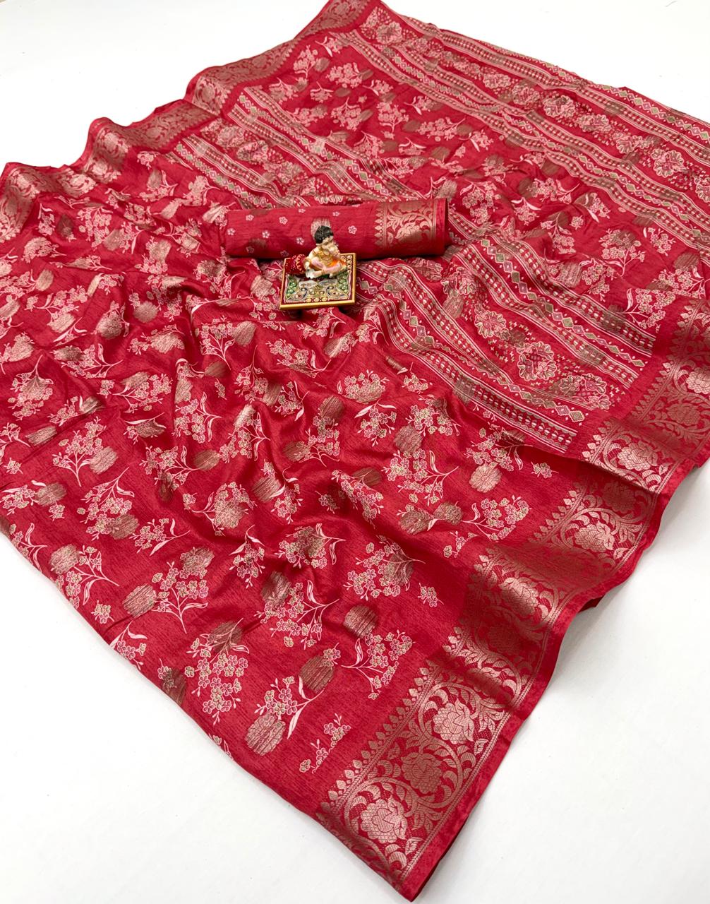 Red Dola Silk Butti Saree With Jacquard Border for Women