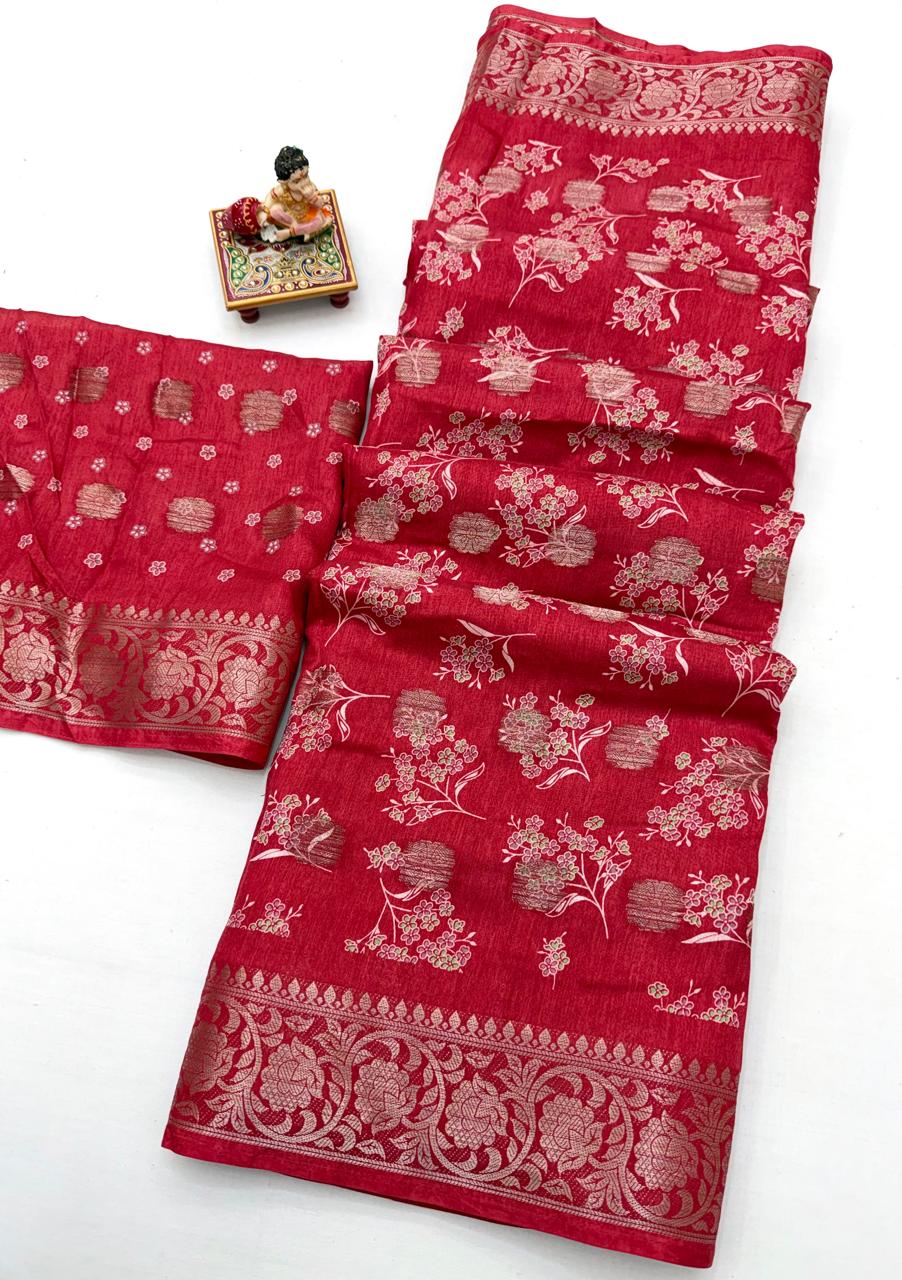 Red Dola Silk Butti Saree With Jacquard Border for Women