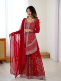Red Embroidered Georgette Plazo Set for Women