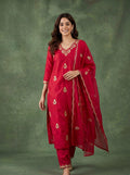 Red Cotton Embroidered Kurta Pant Dupatta Set Women