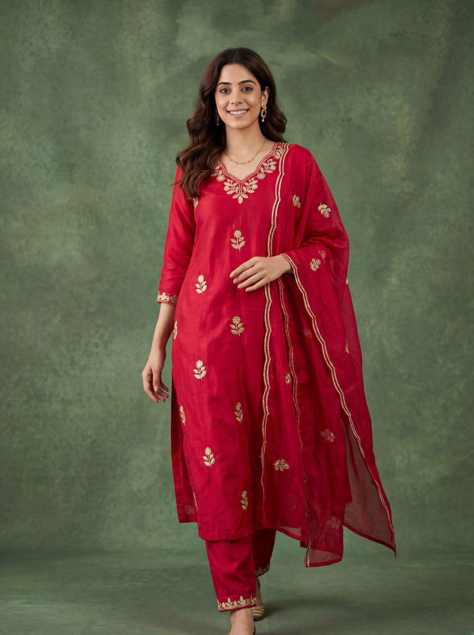 Red Cotton Embroidered Kurta Pant Dupatta Set Women for Women