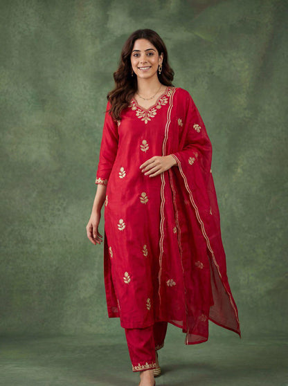 Red Cotton Embroidered Kurta Pant Dupatta Set Women for Women