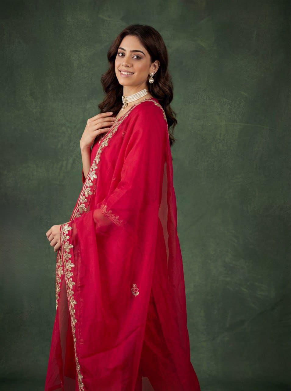Red Cotton Embroidered Kurta Pant Dupatta Set Women for Women