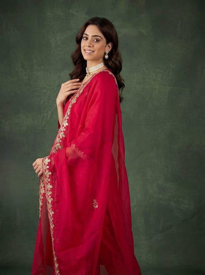 Red Cotton Embroidered Kurta Pant Dupatta Set Women for Women