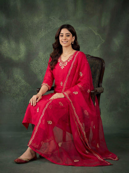 Red Cotton Embroidered Kurta Pant Dupatta Set Women for Women
