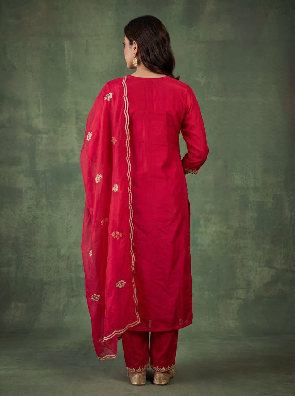 Red Cotton Embroidered Kurta Pant Dupatta Set Women for Women