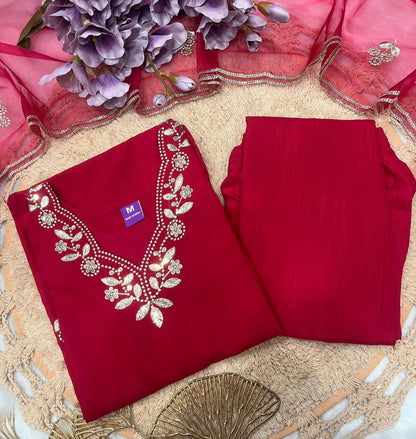 Red Cotton Embroidered Kurta Pant Dupatta Set Women for Women