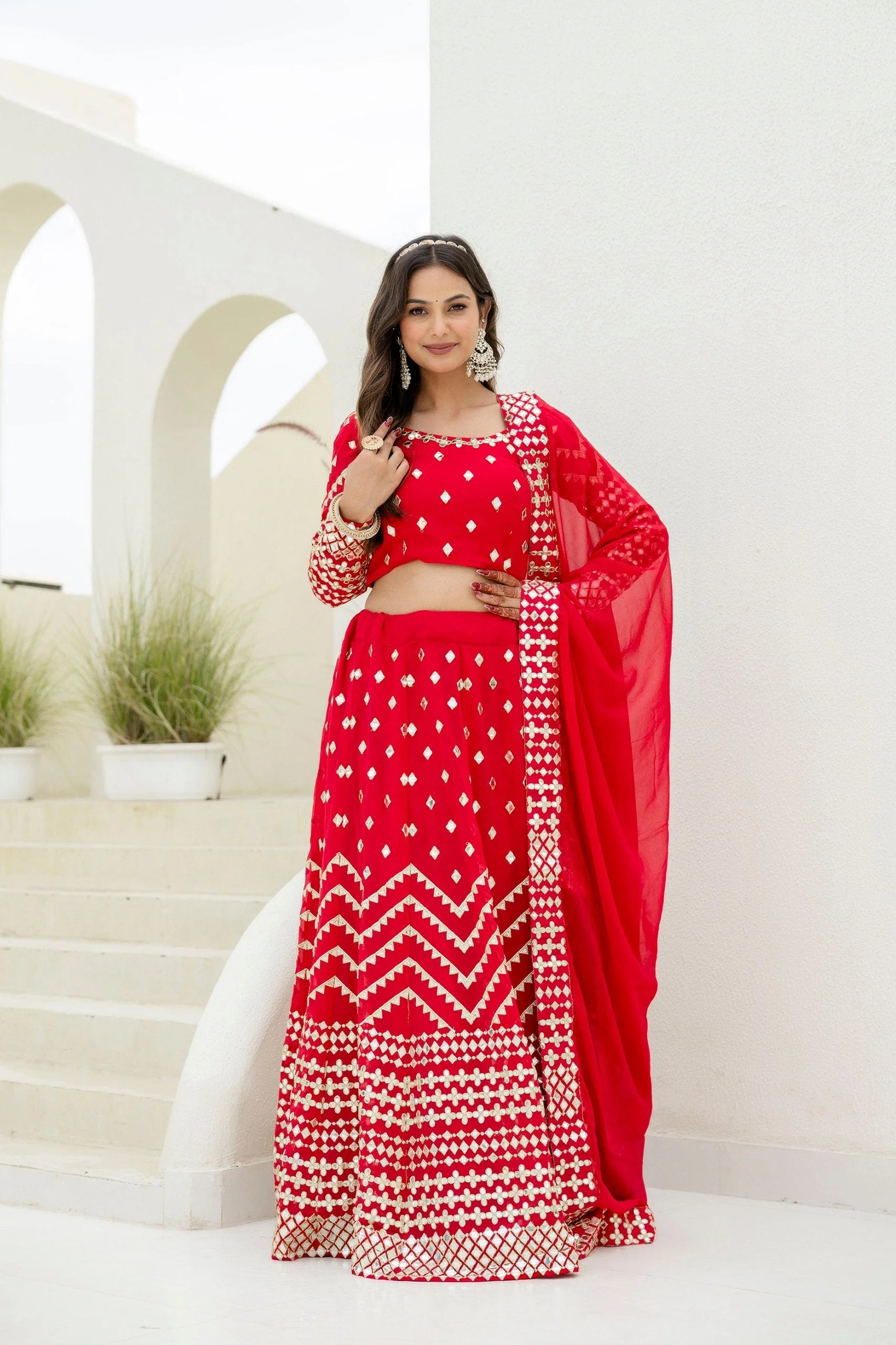 Red Georgette Foil Embroidered Lehenga Set with Dupatta, Semi Stitched Lehenga and Unstitched Blouse