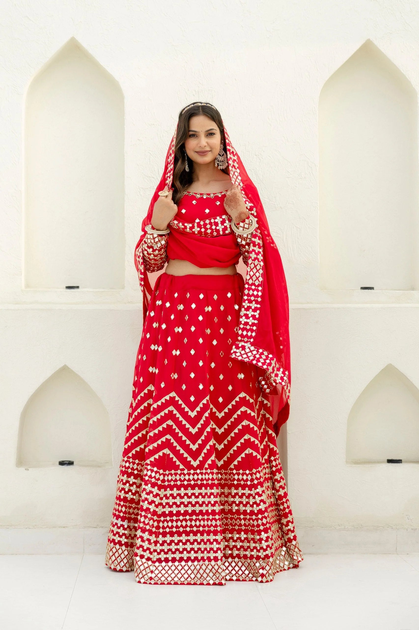 Red Georgette Foil Embroidered Lehenga Set with Dupatta, Semi Stitched Lehenga and Unstitched Blouse