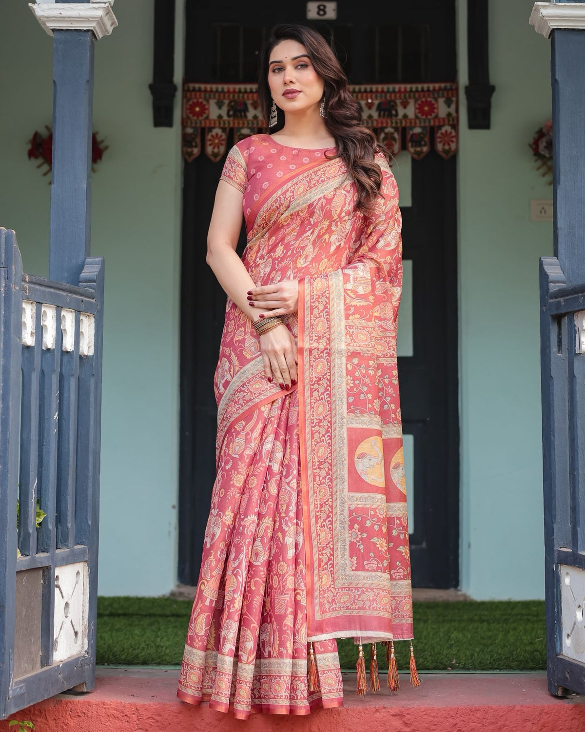 Rust Red Handloom Printed Saree with Ethnic Border for Women