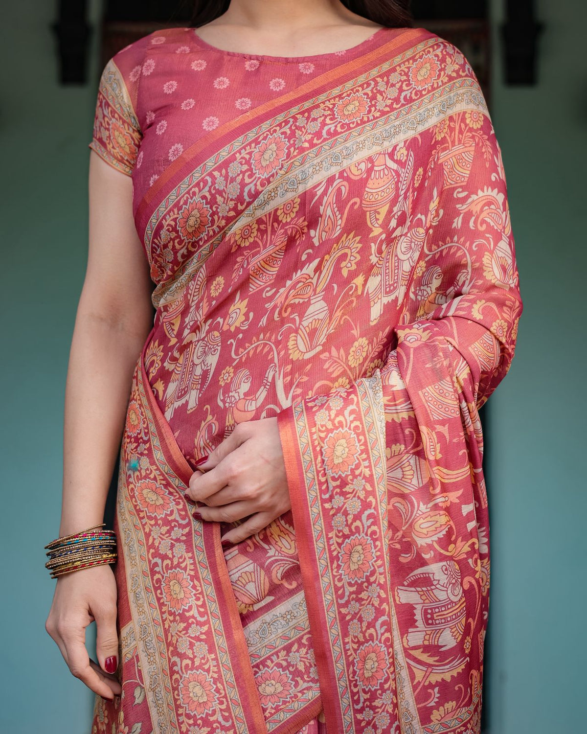 Rust Red Handloom Printed Saree with Ethnic Border for Women