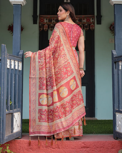 Rust Red Handloom Printed Saree with Ethnic Border for Women