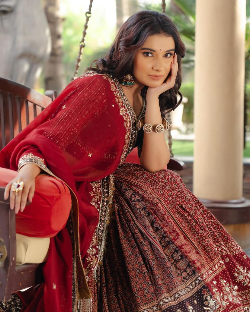 Red Ethnic Lehenga Choli with Digital Print Design for Women