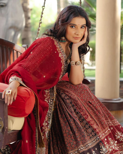 Red Ethnic Lehenga Choli with Digital Print Design for Women